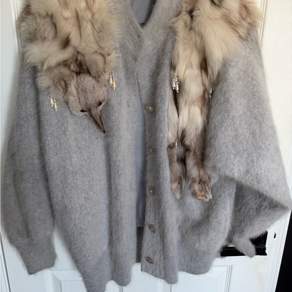 Gray Wool Cardigan with Fur Collar